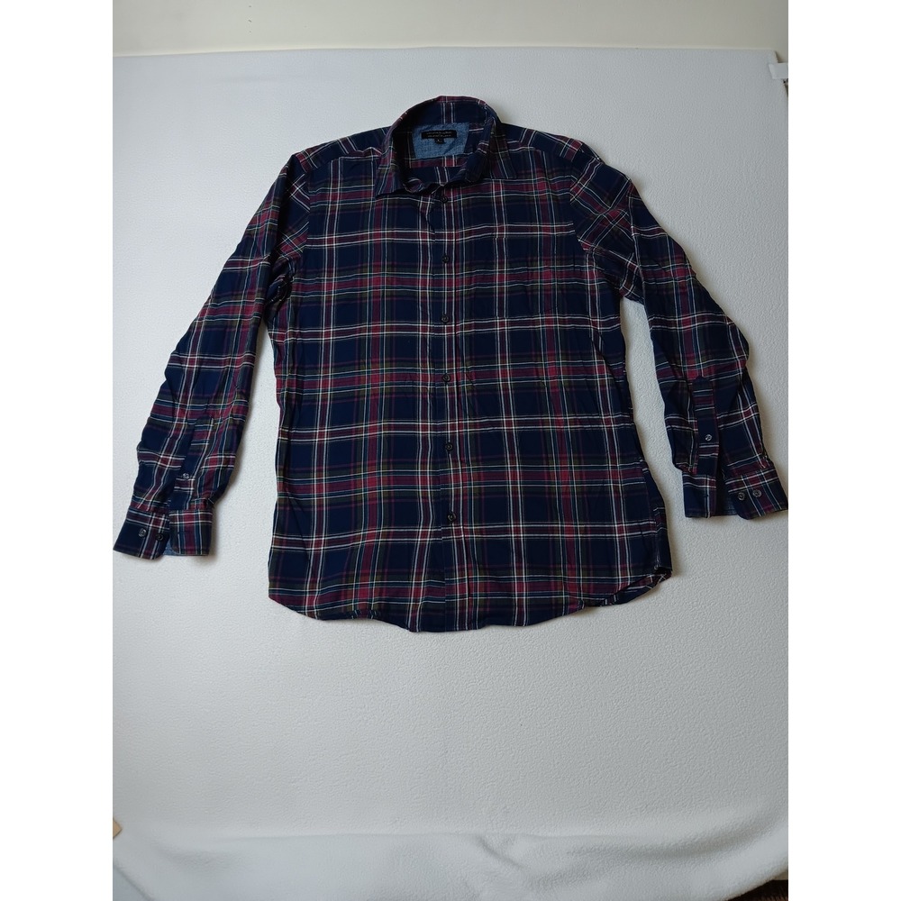 Banana Republic Mens Slim Fit Stretch‎ Soft Wash Plaid Button Down Shirt Navy L